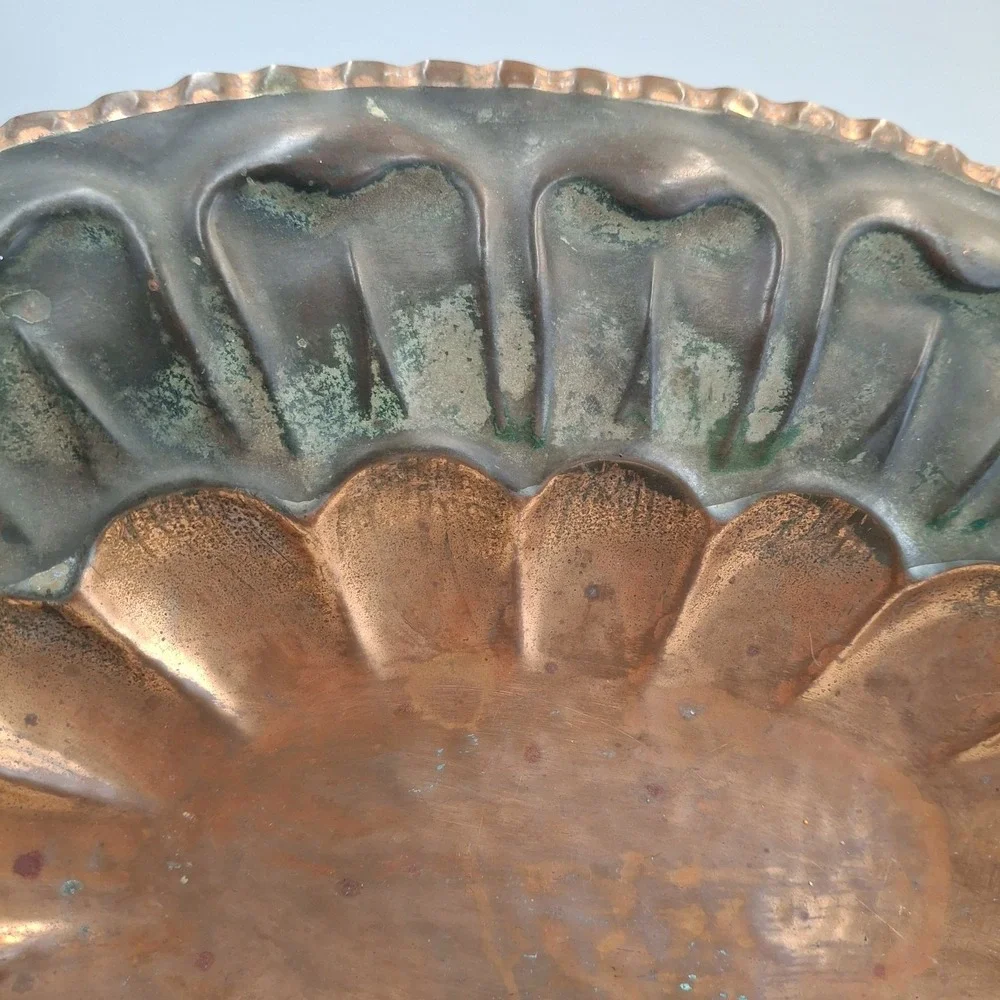 Vintage Italian Copper Footed Tray Scalloped Fluted Oval Serving Platter Italy